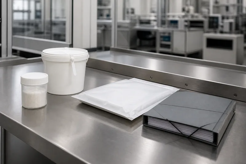 Batch sample and traceability documents organized with a sealed shipment.