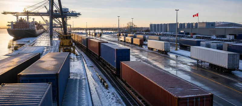 Global container freight connecting ocean, rail and inland delivery.