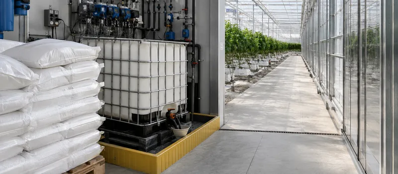 Crop inputs staged beside a modern controlled growing environment.