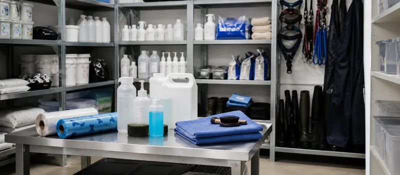 Organized veterinary and animal-care consumables.