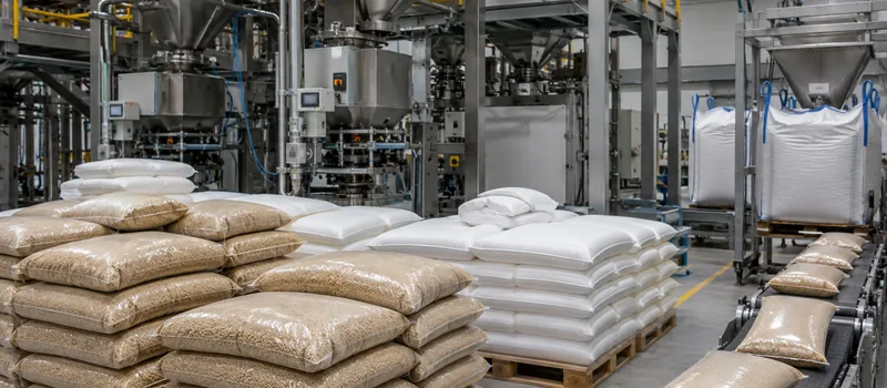Sealed feed premixes beside controlled batching equipment.