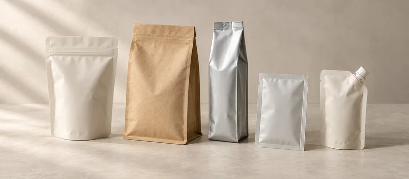 Unbranded stand-up, flat-bottom, side-gusset, flat sachet and spouted pouch samples.