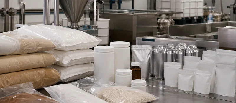 Food-grade ingredients and packaging in a sanitary production setting.