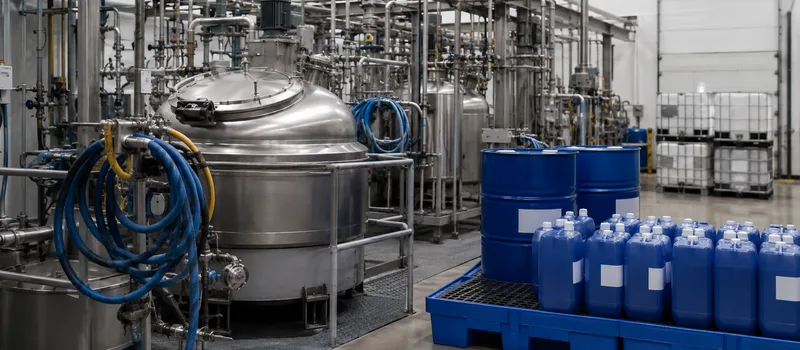 Closed mixing equipment and packaged institutional cleaning products.