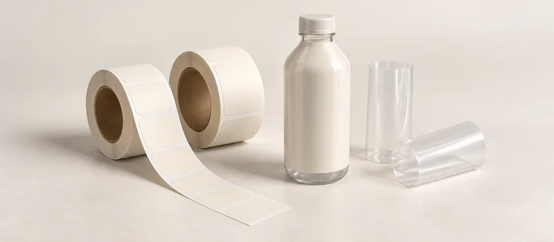 Blank label rolls, an unspooled label strip, a sleeved bottle and loose shrink sleeve samples.