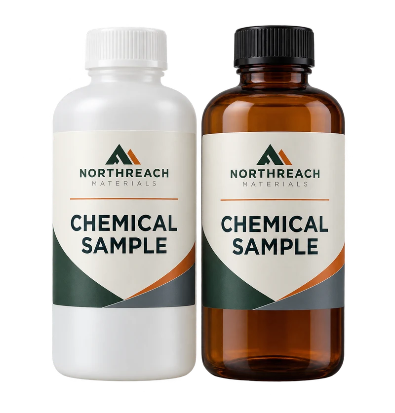 Two upright sealed chemical-compatible HDPE bottles, one white and one amber, with fictional NORTHREACH MATERIALS branding.