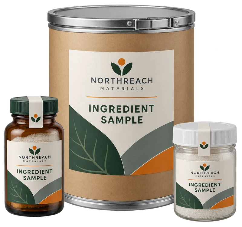 One sealed pharmaceutical ingredient fibre drum and two tamper-evident sample containers, with fictional NORTHREACH MATERIALS branding.