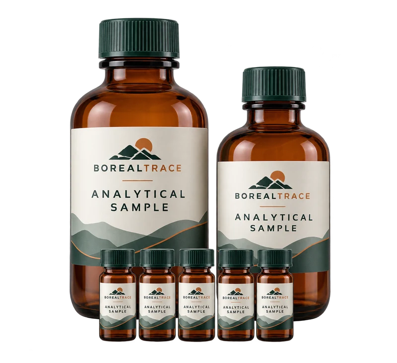 Two amber laboratory solvent bottles and a small row of capped chromatography vials, with fictional BOREALTRACE branding.