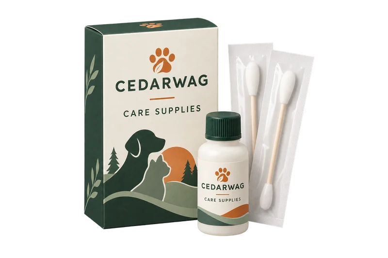 One closed veterinary care carton, sealed swab packs and a small capped care bottle, with fictional CEDARWAG branding.