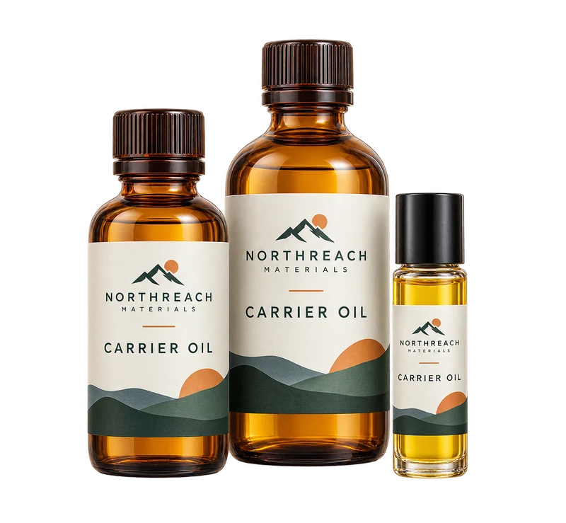 Two amber capped oil bottles and one sealed clear vial of golden oil, with fictional NORTHREACH MATERIALS branding.