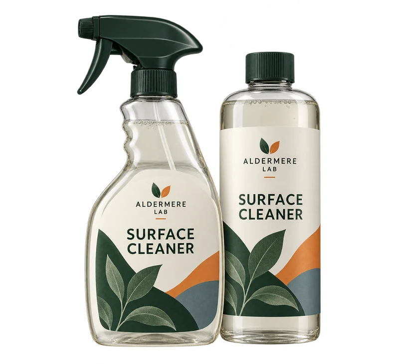 One trigger-spray cleaning bottle and matching capped refill bottle, with fictional ALDERMERE LAB branding.