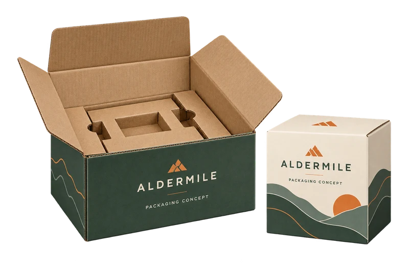 One open empty corrugated shipping box with folded protective insert and one small closed printed retail carton, with fictional ALDERMILE branding.