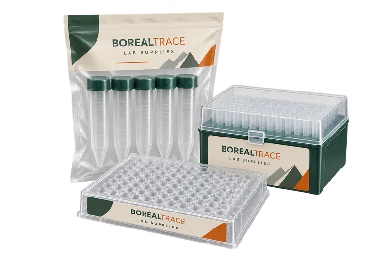 One sealed sterile tube pack, a lidded pipette-tip box and a covered microplate, with fictional BOREALTRACE branding.