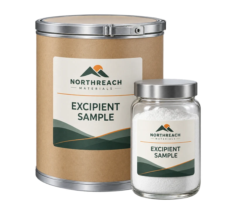 One sealed fibre drum and one closed transparent jar of white excipient powder, with fictional NORTHREACH MATERIALS branding.