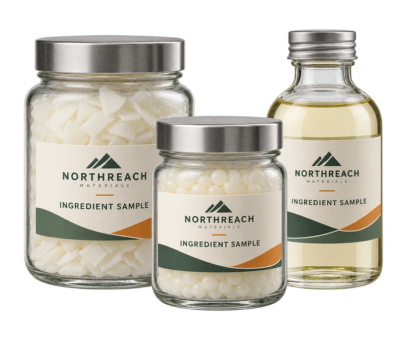 Three sealed transparent sample jars containing waxy white flakes, pellets and pale liquid, with fictional NORTHREACH MATERIALS branding.