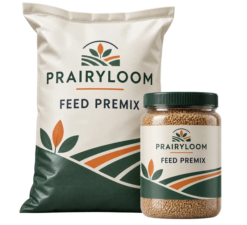 One sealed agricultural ingredient sack and a capped jar of tan premix granules, with fictional PRAIRYLOOM branding.