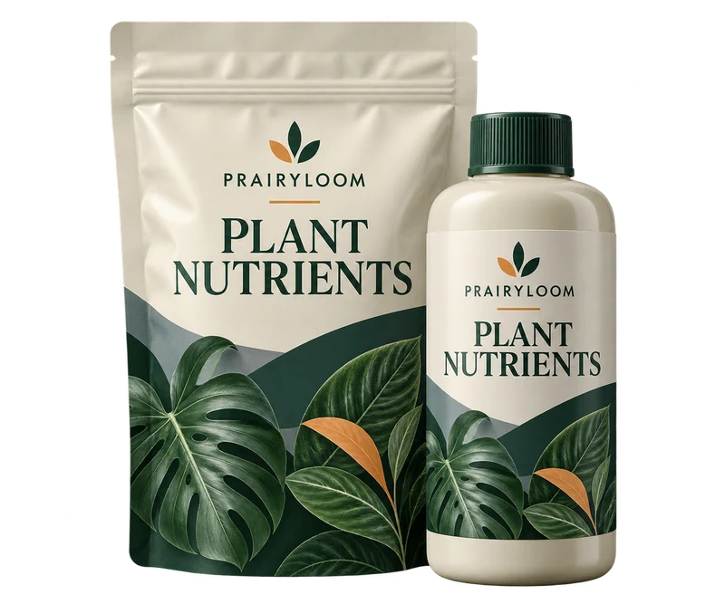 One sealed fertilizer pouch and a closed plant-nutrient bottle, with fictional PRAIRYLOOM branding.