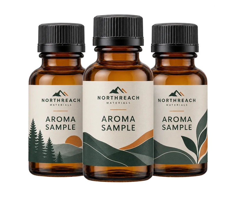 Three small amber evaluation bottles with sealed caps, with fictional NORTHREACH MATERIALS branding.