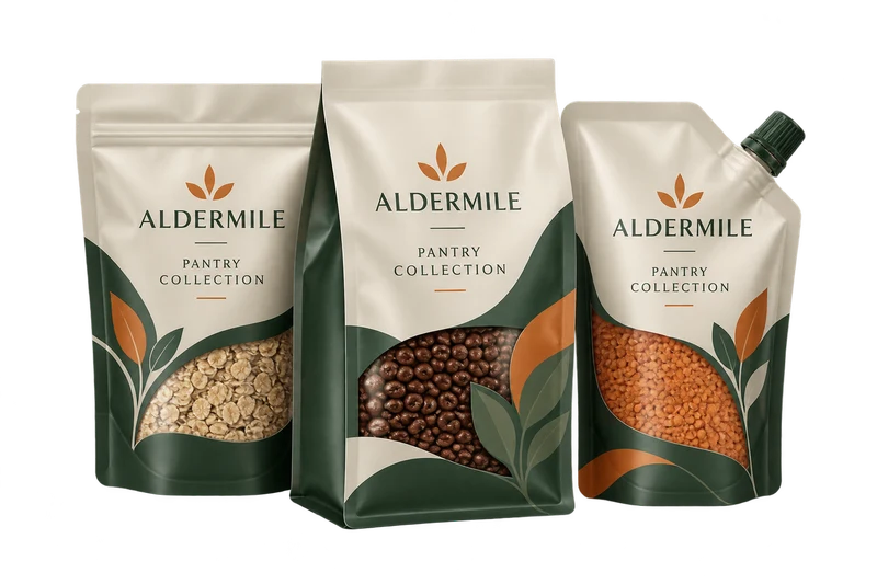 Three distinct premium flexible food pouch formats, stand-up zipper, flat-bottom and spouted, with fictional ALDERMILE branding.