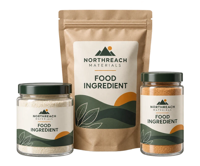 One sealed kraft ingredient bag and two clear capped powder jars, with fictional NORTHREACH MATERIALS branding.