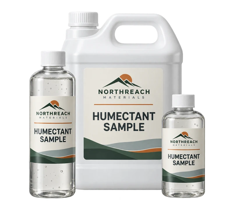 One sealed white jerrycan and two clear capped bottles of colourless viscous liquid, with fictional NORTHREACH MATERIALS branding.