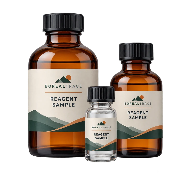 Two amber laboratory reagent bottles with sealed screw caps and one small clear vial, with fictional BOREALTRACE branding.
