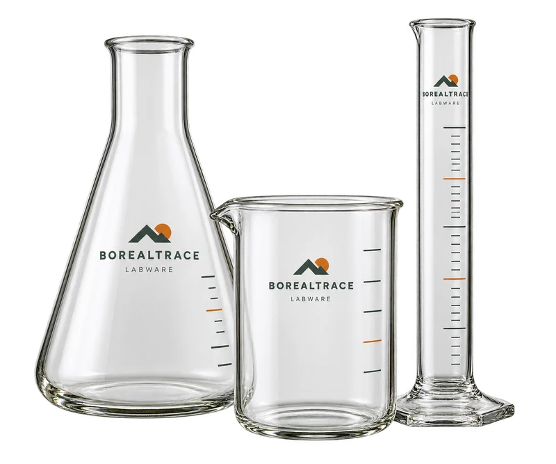 One borosilicate Erlenmeyer flask, beaker and graduated cylinder, realistic glass with clear edges, no liquid pouring, with fictional BOREALTRACE branding.