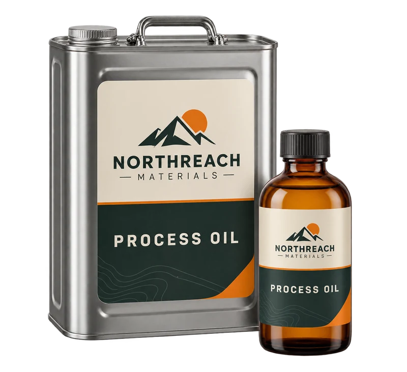 One sealed industrial oil canister and one capped amber oil bottle, with fictional NORTHREACH MATERIALS branding.