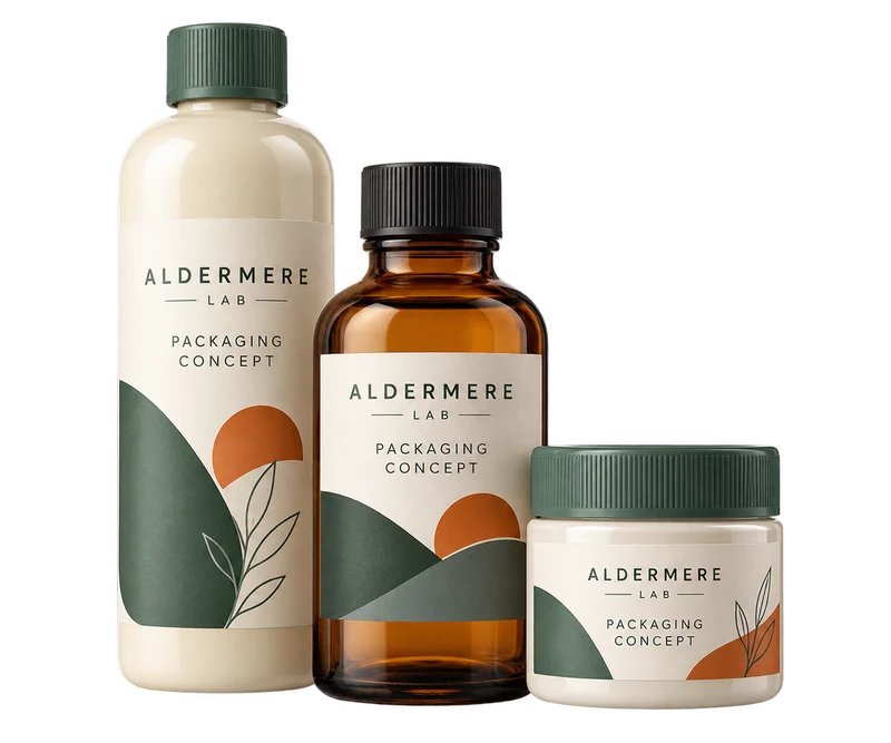 Three empty bottle and jar formats with compatible screw caps, ivory PET bottle, amber glass bottle and small white jar, with fictional ALDERMERE LAB branding.