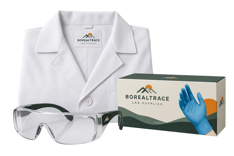 A neatly folded white laboratory coat, safety goggles and a closed box of nitrile gloves, compact freestanding arrangement, with fictional BOREALTRACE branding.