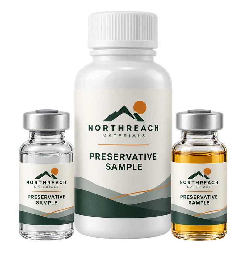 One white capped ingredient bottle and two sealed glass sample vials, with fictional NORTHREACH MATERIALS branding.