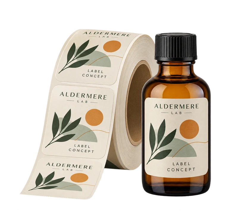 One roll of die-cut cream cosmetic labels with printed original branding, one labelled amber bottle, with fictional ALDERMERE LAB branding.