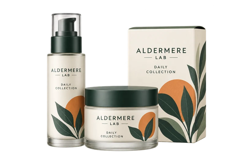 Coordinated skincare bottle, cosmetic jar and labelled consumer carton, with fictional ALDERMERE LAB branding.