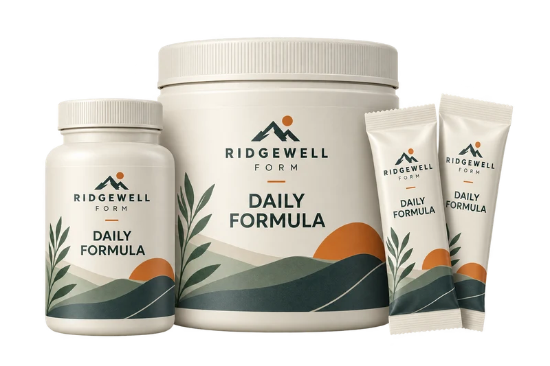 One ivory supplement bottle, matching powder tub and two sealed sachets, with fictional RIDGEWELL FORM branding.