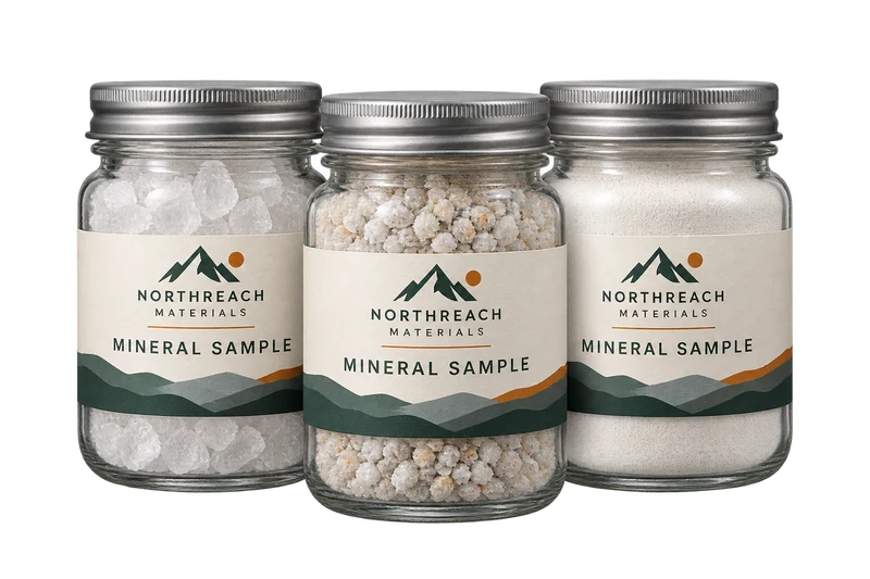 Three sealed sample jars containing white crystals, pale mineral granules and fine powder, with fictional NORTHREACH MATERIALS branding.