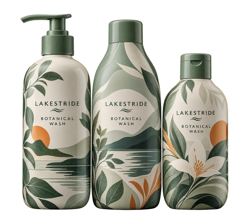 Three bottle forms decorated with full-body shrink sleeves, contemporary sage and ivory original artwork, with fictional LAKESTRIDE branding.
