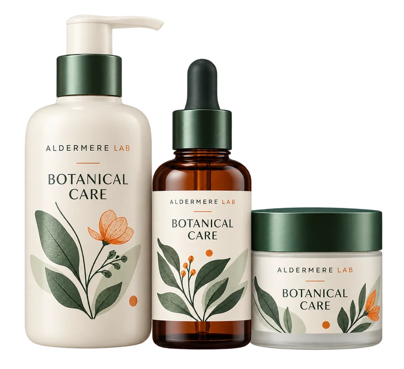 One ivory pump skincare bottle, amber dropper bottle and cosmetic jar, with fictional ALDERMERE LAB branding.