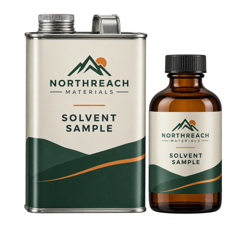 One sealed metal solvent can and one amber laboratory bottle, with fictional NORTHREACH MATERIALS branding.