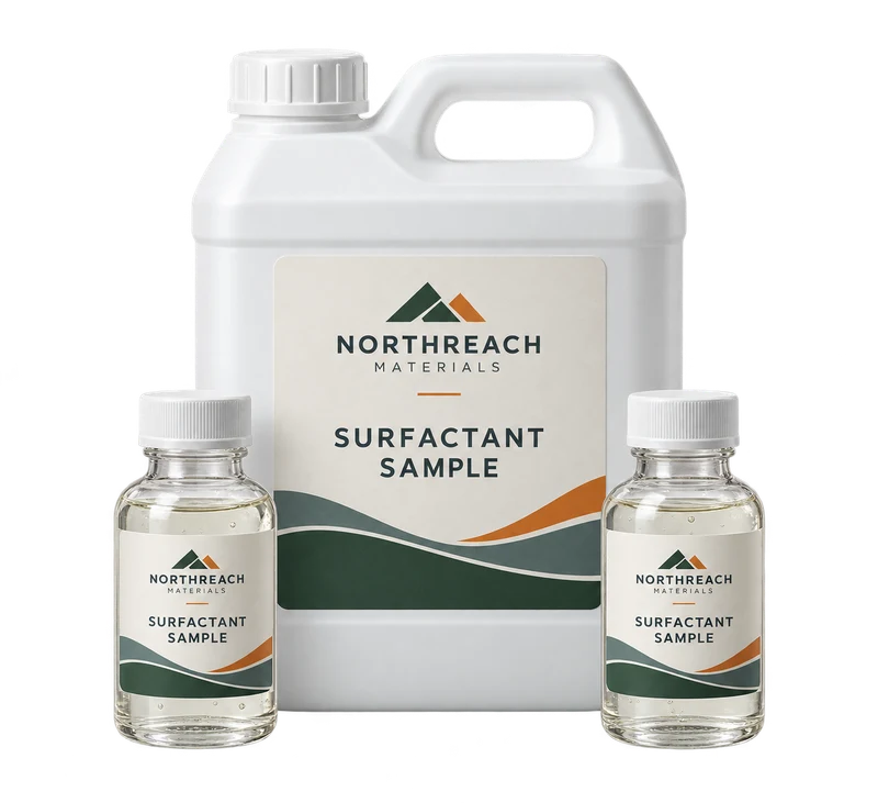 One sealed white industrial canister and two small clear capped sample bottles containing viscous liquid, with fictional NORTHREACH MATERIALS branding.