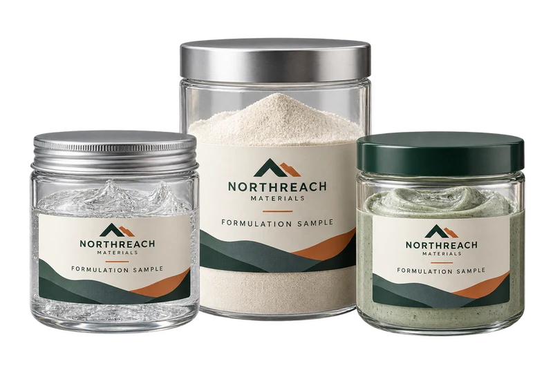 Three sealed transparent jars showing different gel and powder consistencies, with fictional NORTHREACH MATERIALS branding.