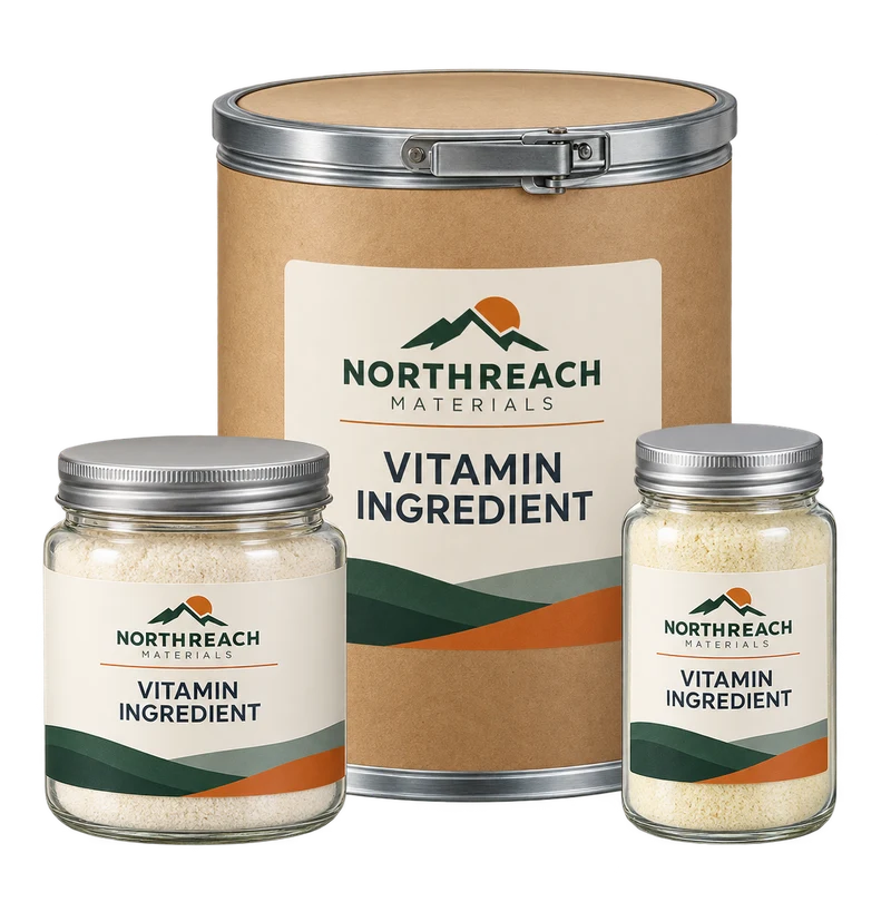 One small sealed fibre drum and two capped sample jars of pale vitamin powders, with fictional NORTHREACH MATERIALS branding.