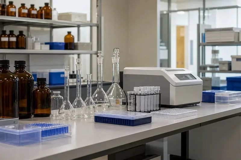 Reagents, laboratory consumables and analytical equipment in a controlled lab setting.