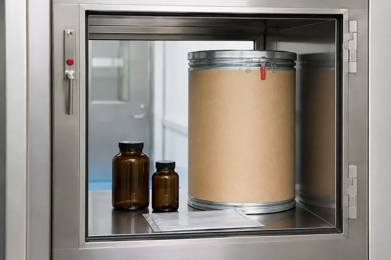 Sealed active-ingredient samples and tamper-evident supply drum.