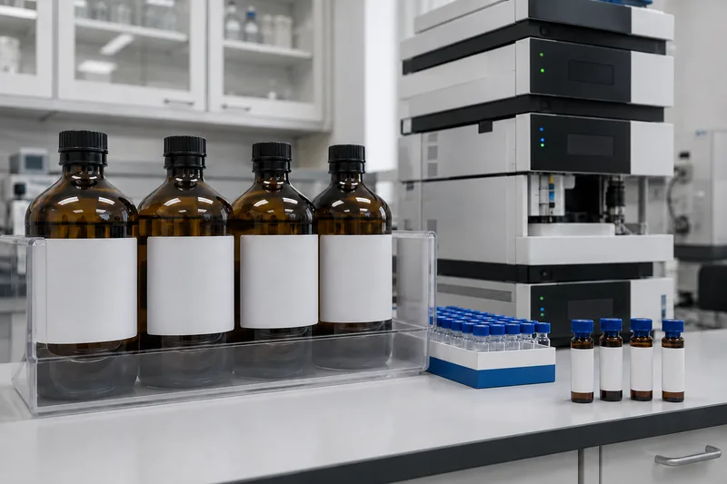 Sealed analytical solvents and vials beside HPLC equipment.