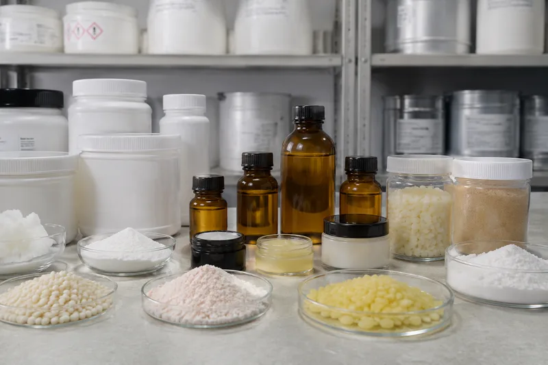 Cosmetic raw-material samples in sealed compatible containers.
