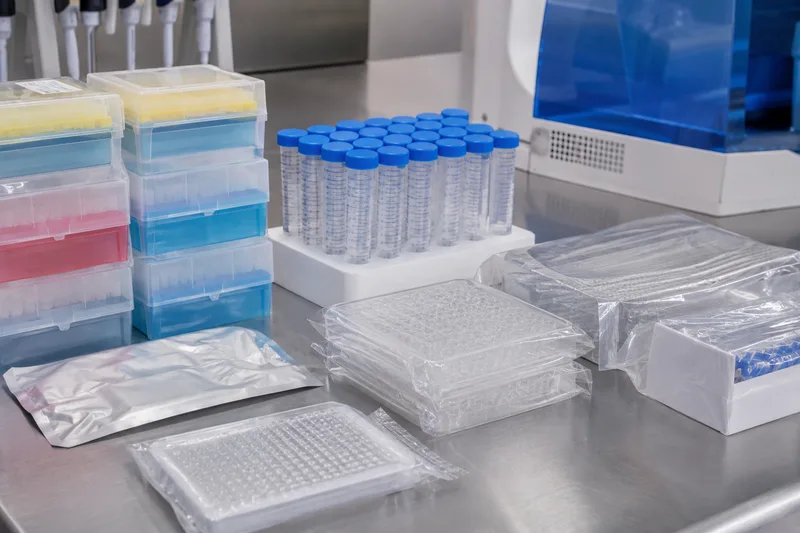 Pipette tips, sample tubes and microplates for diagnostic testing.