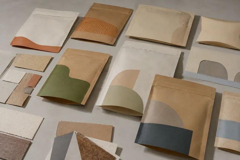 Pouch samples made with varied lower-impact material structures.