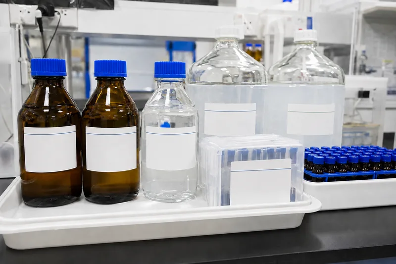 Sealed general laboratory reagents in secondary containment.