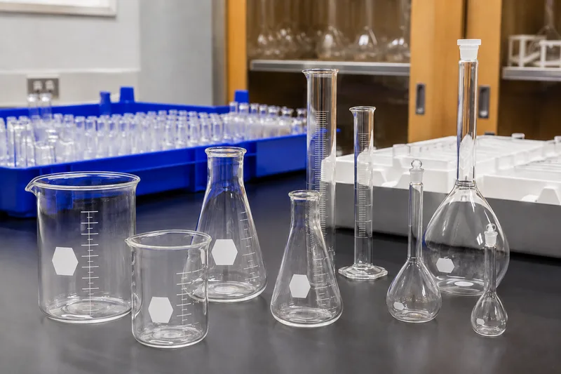 Organized laboratory beakers, flasks and graduated glassware.