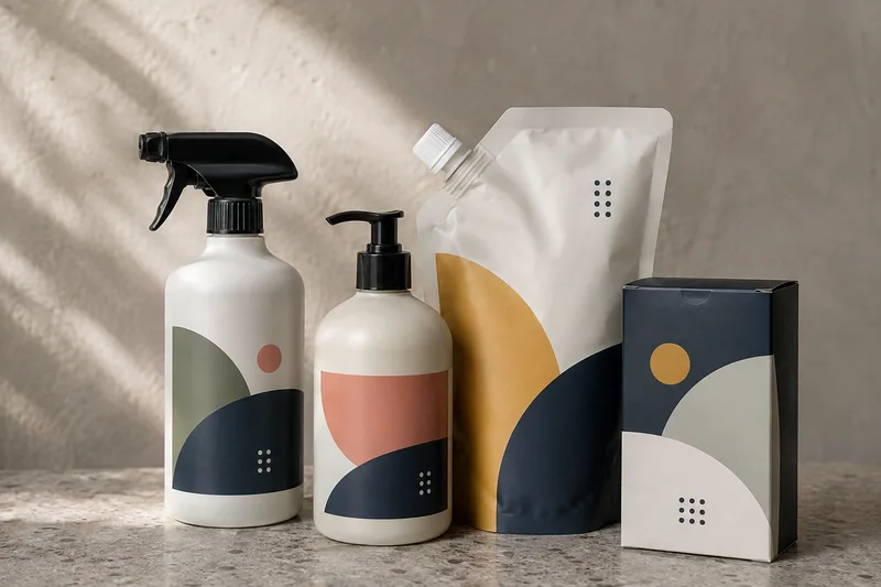 Private-label household bottles, refill pouch and carton.